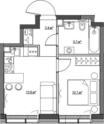 2-комн., 32.4 м², 45/46 этаж, ЖК «Веер»