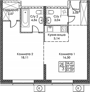 2-комн., 51.27 м², 9/20 этаж, ЖК «ЭВОПАРК Сокольники»