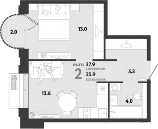 2-комн., 35.9 м², 10/12 этаж, ЖК «Страна.Заречная»