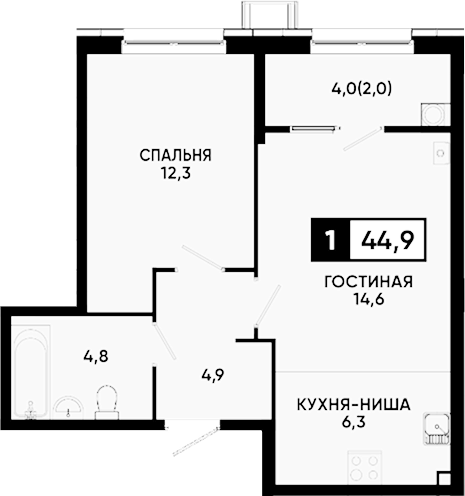 1-комн., 42.9 м², 1/14 этаж, ЖК «Квартал на курорте Моя Легенда»