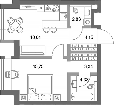 1-комн., 49.01 м², 51/75 этаж, ЖК «ФАЙВ ТАУЭРС»