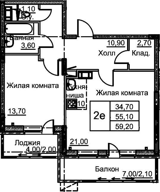 2-комн., 55.1 м², 1/12 этаж, ЖК «Кашинцево»