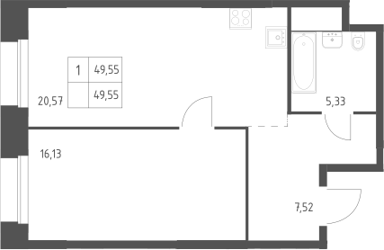 1-комн., 49.55 м², 2/23 этаж, ЖК «Тропарево Парк»