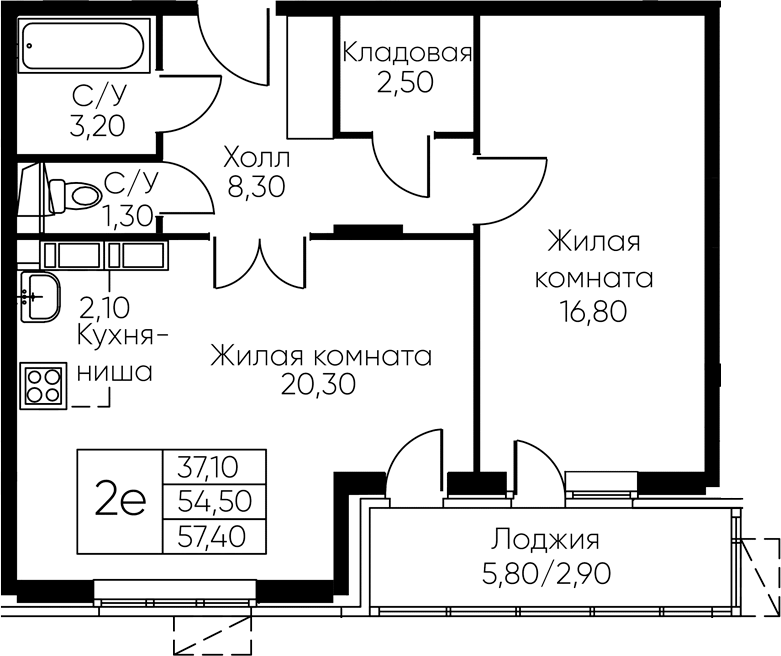 2-комн., 54.5 м², 9/14 этаж, ЖК «Кашинцево»