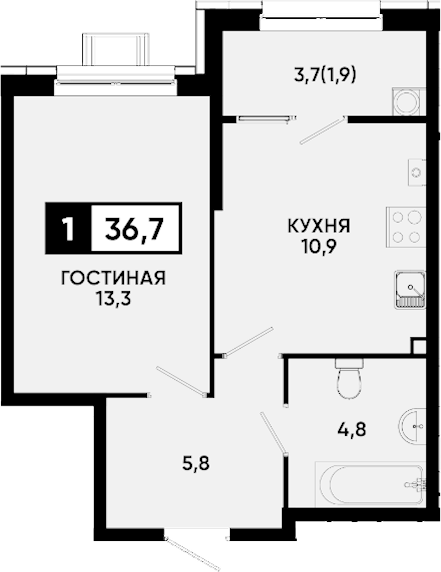 1-комн., 34.8 м², 1/9 этаж, ЖК «Квартал на курорте Моя Легенда»