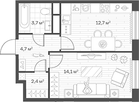 1-комн., 37.6 м², 2/12 этаж, ЖК «Аристов Берег»