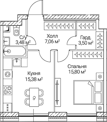 1-комн., 45.22 м², 36/51 этаж, ЖК «СЕЗАР СИТИ»