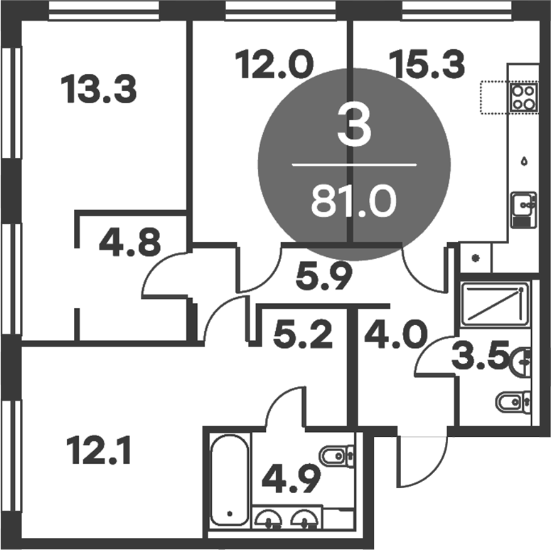 3-комн., 81 м², 3/6 этаж, ЖК «Равновесие»