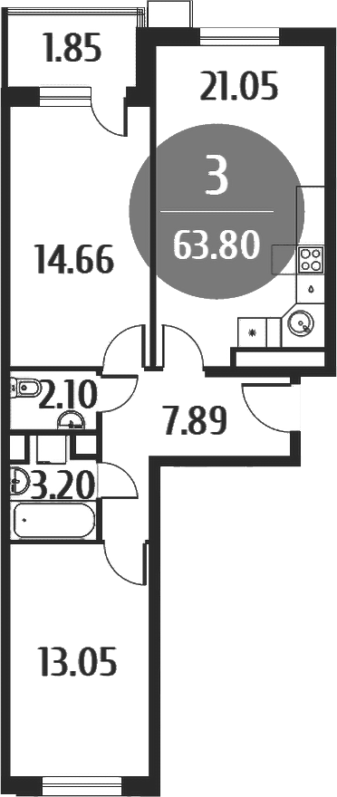 3-комн., 61.95 м², 3/5 этаж, ЖК «Равновесие»