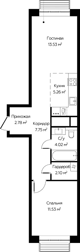 2-комн., 46.97 м², 22/22 этаж, ЖК «Новоград Павлино»