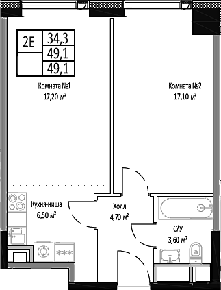 2-комн., 49.1 м², 25/35 этаж, ЖК «Мираполис»
