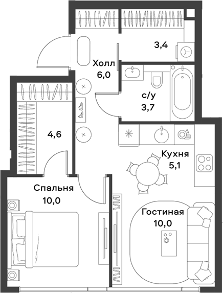 2-комн., 42.8 м², 20/28 этаж, ЖК «АЛИА»