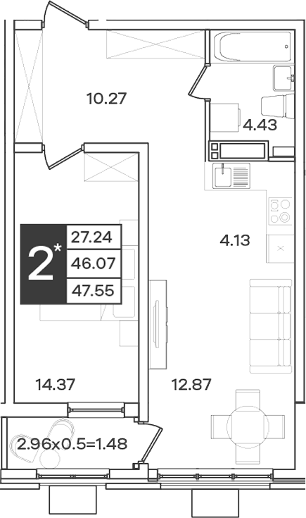 2-комн., 46.07 м², 10/18 этаж, ЖК «Сюжеты»