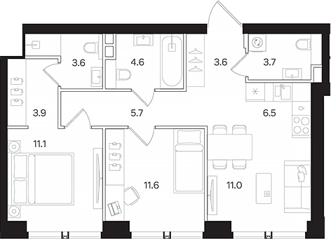3-комн., 65.3 м², 12/42 этаж, ЖК «АУРА»