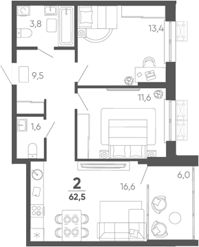 2-комн. квартира, 56.5 м² в ЖК Барса — фото 2