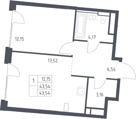 2-комн., 43.54 м², 6/10 этаж, ЖК «Квартал на воде»
