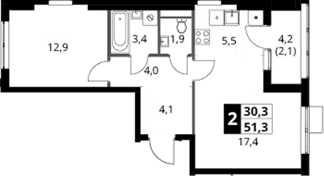 2-комн., 49.2 м², 15/18 этаж, ЖК «1-й Ясеневский»