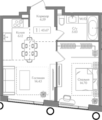 2-комн., 45.67 м², 11/16 этаж, ЖК «Преображенская площадь»