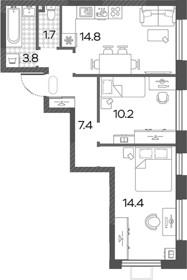 3-комн., 50.9 м², 22/24 этаж, ЖК «Лучи»