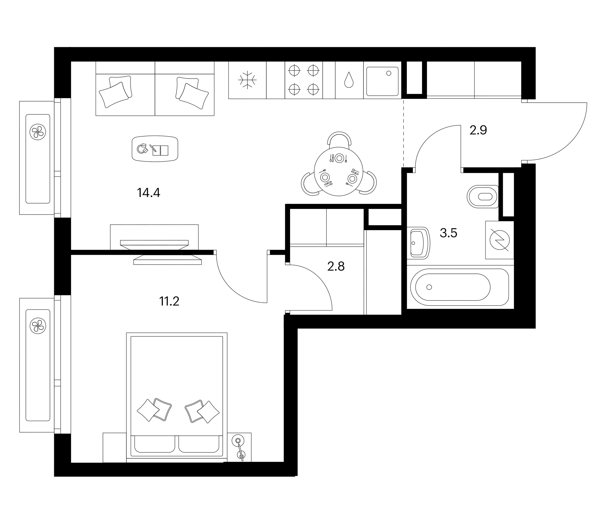 1-комн., 34.8 м², 12/21 этаж, ЖК «Зеленый парк»