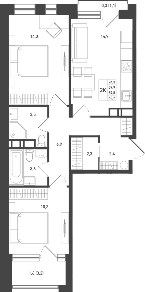 2-комн., 61.4 м², 4/8 этаж, ЖК «Новая Щербинка»
