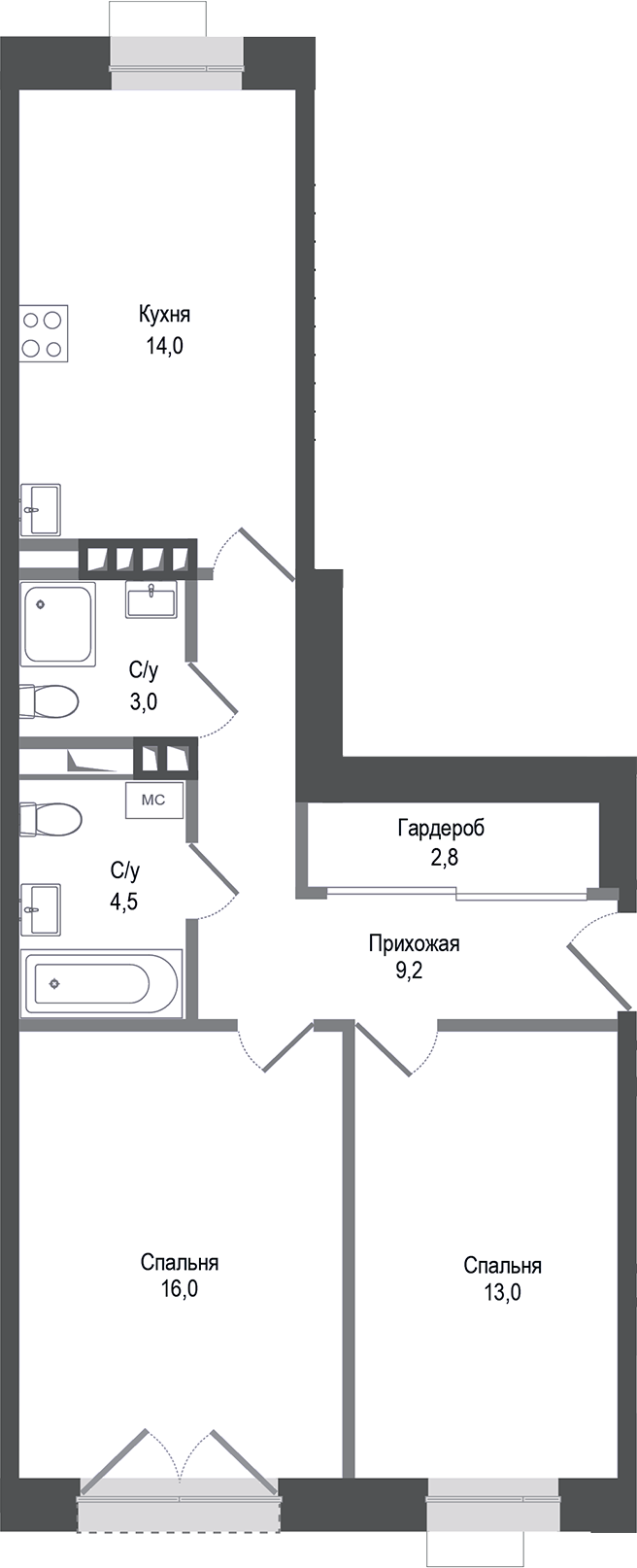 2-комн., 62.5 м², 2/4 этаж, ЖК «Киноквартал»