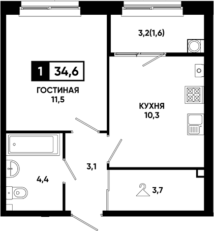 1-комн., 33 м², 1/8 этаж, ЖК «Резиденция Софи»