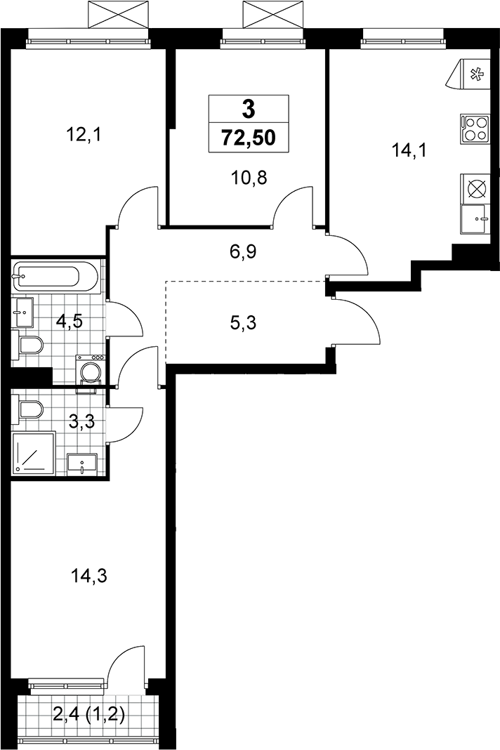 3-комн., 71.3 м², 7/13 этаж, ЖК «Прокшино»
