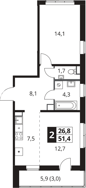 2-комн., 48.4 м², 23/25 этаж, ЖК «1-й Южный»