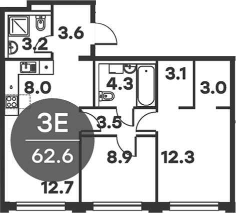 3-комн., 62.6 м², 6/6 этаж, ЖК «Равновесие»