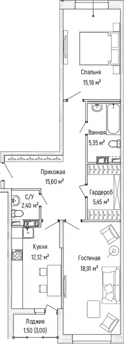 2-комн., 74 м², 7/9 этаж, ЖК «Рига Хиллс»