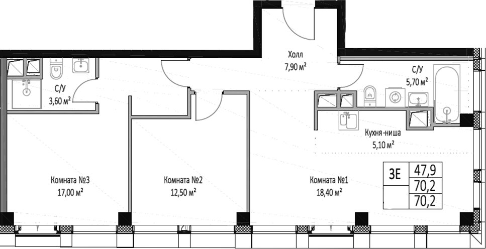 3-комн., 70.2 м², 21/26 этаж, ЖК «ЭМОУШН»
