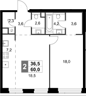 2-комн., 60 м², 44/47 этаж, ЖК «Амбер Сити»