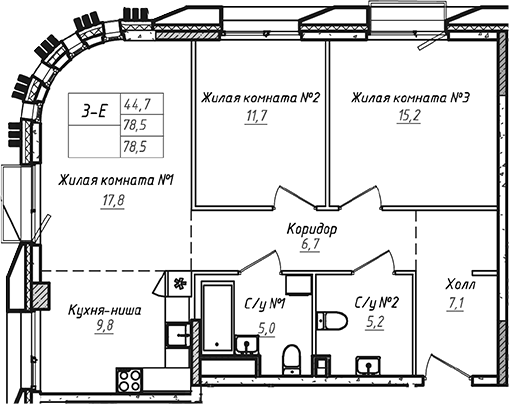 3-комн., 78.5 м², 8/17 этаж, ЖК «УНО.Соколиная гора»