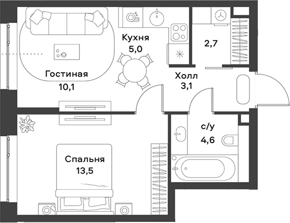 2-комн., 39 м², 2/28 этаж, ЖК «АЛИА»