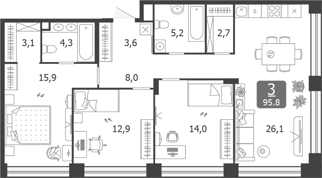 4+ комнаты, 95.8 м², 9/14 этаж, ЖК «Шагал»