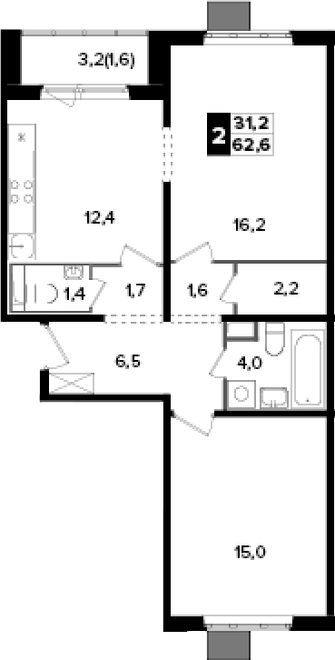 2-комн., 60 м², 22/24 этаж, ЖК «Южная Битца»