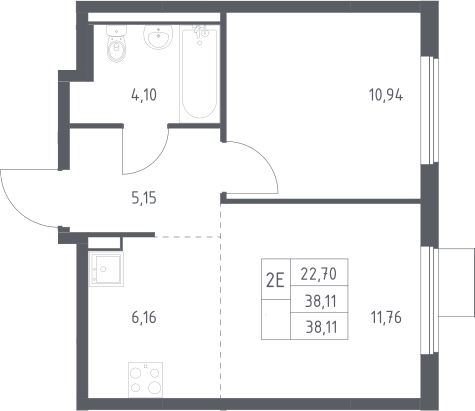 2-комн., 38.11 м², 9/13 этаж, ЖК «Горки Парк»