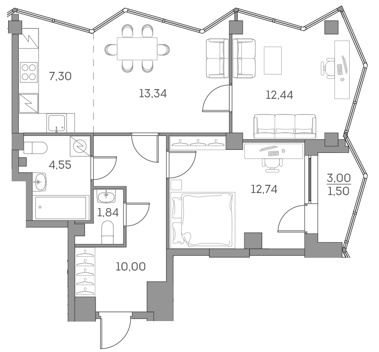 3-комн., 62.21 м², 20/28 этаж, ЖК «Аквилон БИСАЙД 2.0»