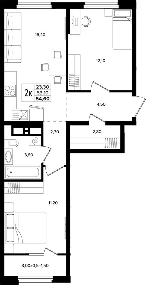 3-комн., 53.1 м², 10/12 этаж, ЖК «Лермонтов Парк»