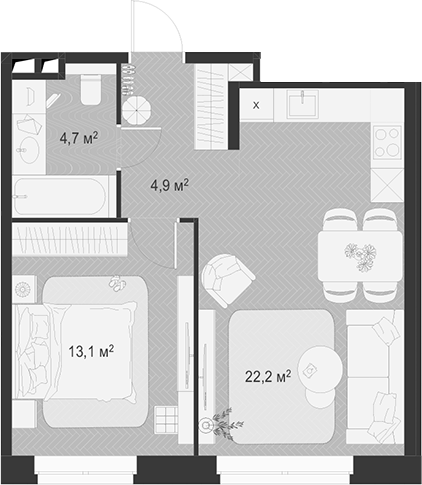 2-комн., 44.9 м², 2/18 этаж, ЖК «Гранд Комфорт»