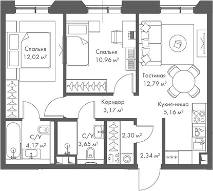 3-комн., 56.56 м², 15/22 этаж, ЖК «МИРА»