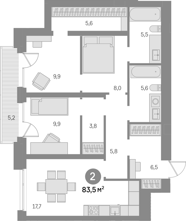 2-комн., 78.3 м², 8/15 этаж, ЖК «Квартал Издание»