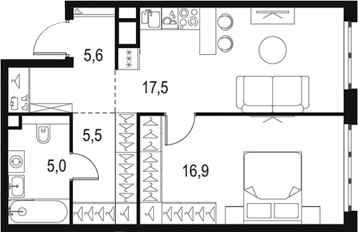2-комн., 50.5 м², 14/16 этаж, ЖК «Левел Южнопортовая»