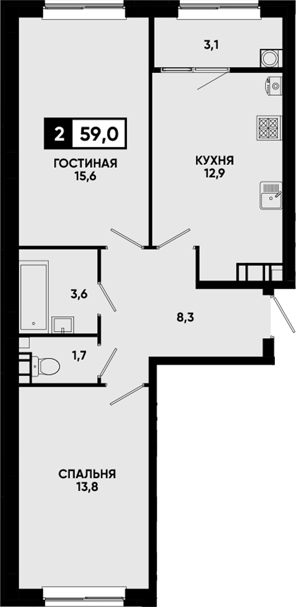 2-комн., 55.9 м², 12/12 этаж, ЖК «Кварталы 17/77»