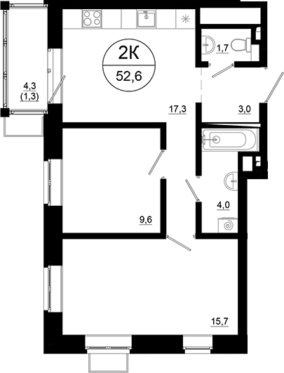 2-комн., 51.3 м², 9/21 этаж, ЖК «Союзный»