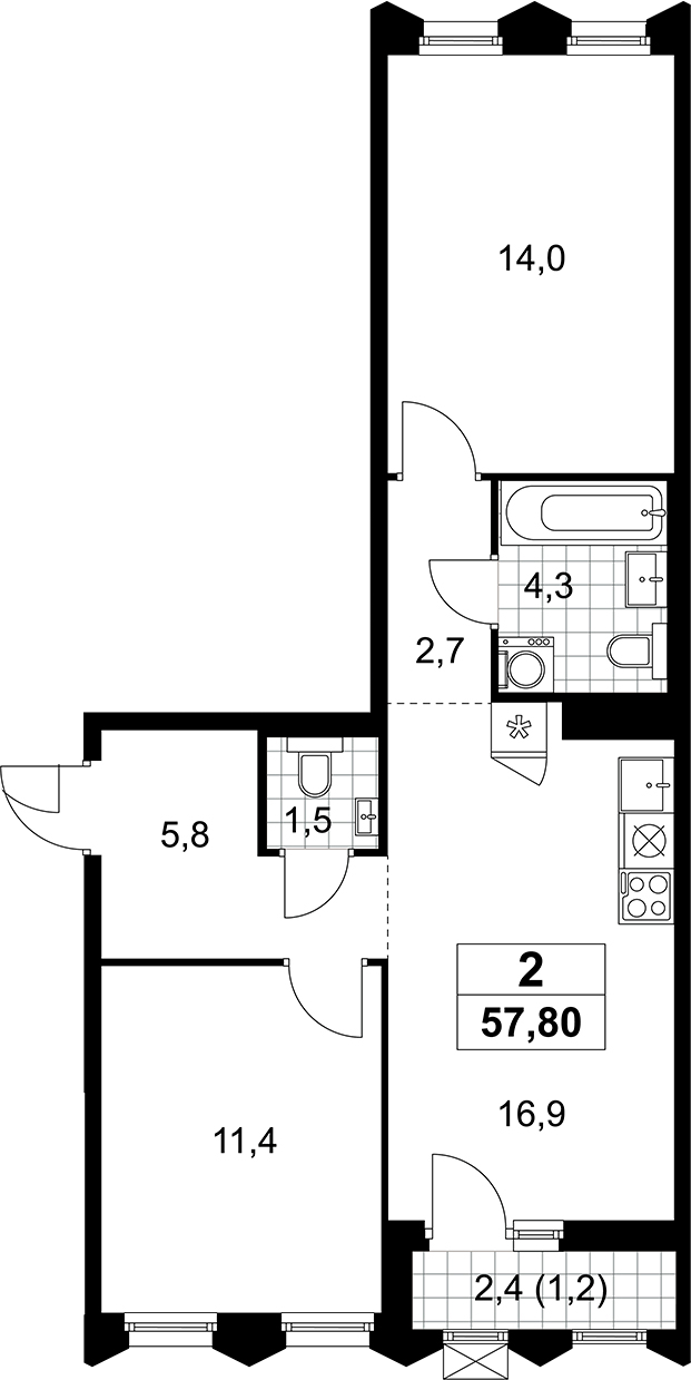 3-комн., 56.6 м², 12/13 этаж, ЖК «Деснаречье»