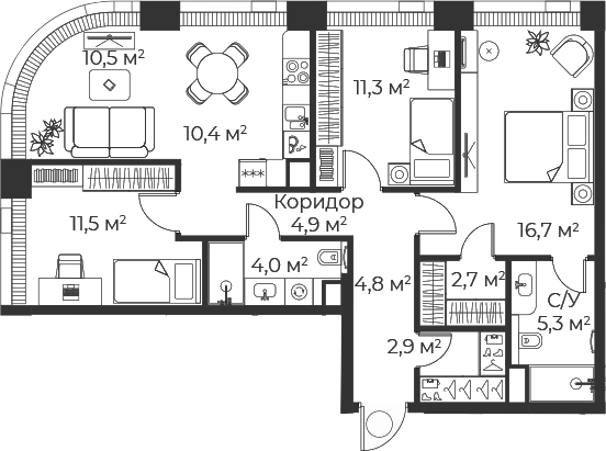 4+ комнаты, 84.7 м², 61/71 этаж, ЖК «Веер»