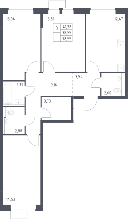 3-комн., 78.55 м², 5/16 этаж, ЖК «Молжаниново»