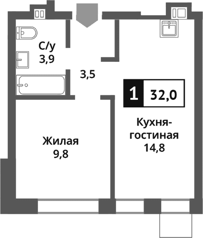 2-комн., 32 м², 9/9 этаж, ЖК «Никольский квартал Отрада»